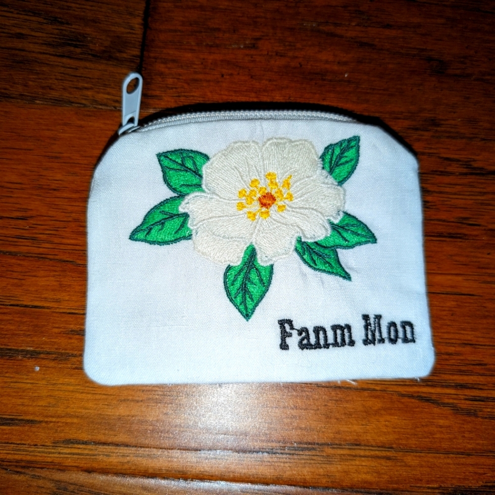 Fanm Mon  Vintage coin purse hand embroidery Magnolia flower design